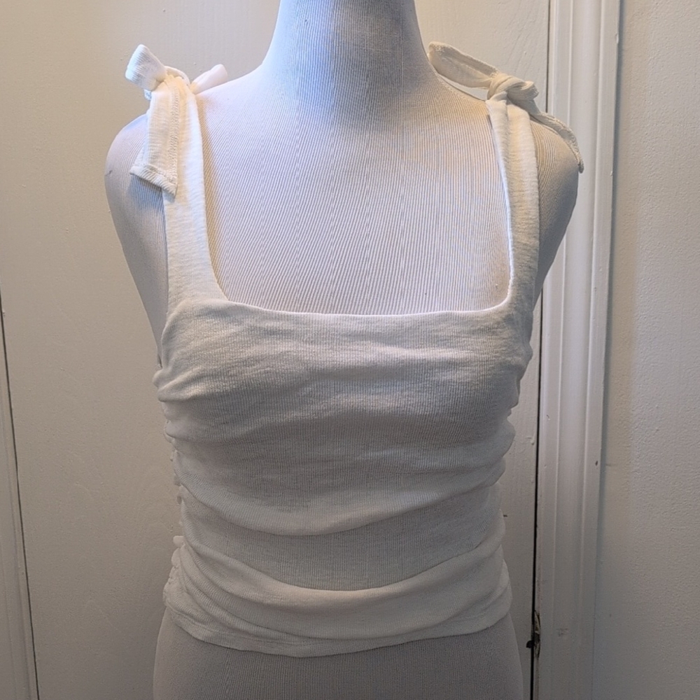 Free People Ivory Tie-Shoulder Ribbed Square Neck Tank